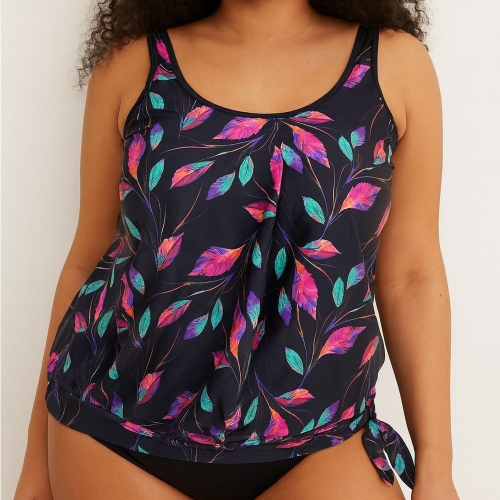 Colorful Feather Print Swim Top